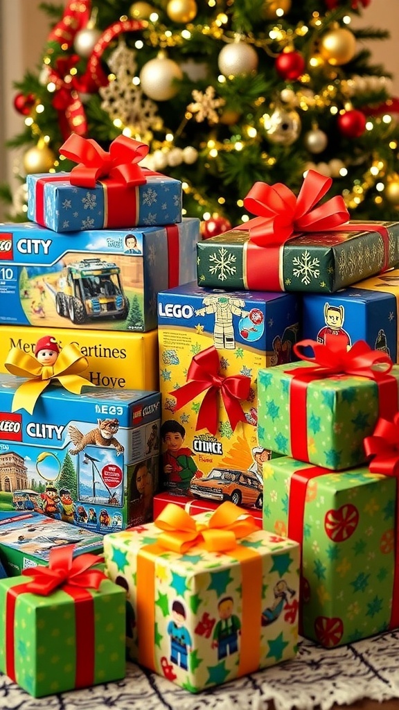 A variety of Christmas gifts for boys including toys and games, arranged under a Christmas tree.